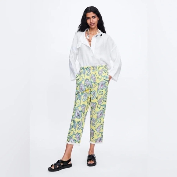 Zara paisley print linen cotton blend high waist pull on drawstrings yellow SX S - Picture 11 of 13